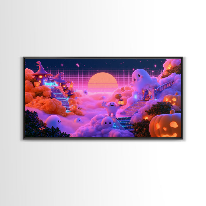 The Halloween Cloud Kingdom, Synthwave Halloween Art, Wide Panoramic Art, Canvas Print, Retro Halloween Decor, Neon Wall Art