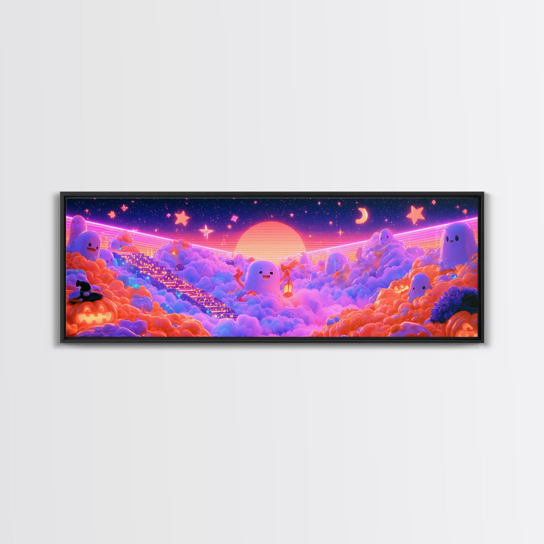 The Halloween Cloud Kingdom, Retro Neon Halloween Art, Extra Wide Wall Art, Framed Canvas Print, Retro Halloween Decor, Neon Wall Art
