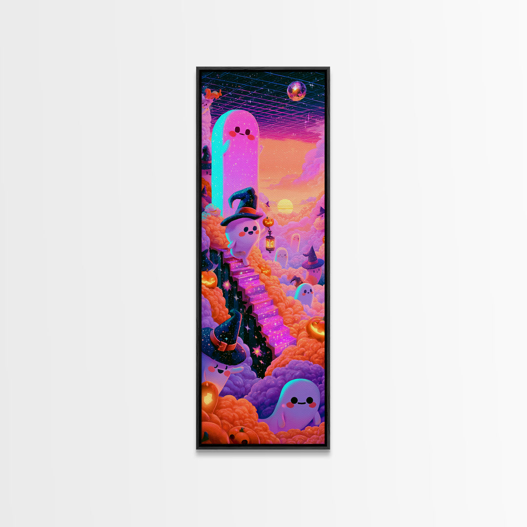 The Halloween Cloud Kingdom, Cute Spooky Neon Art, Tall Narrow Wall Art, Framed Canvas Print, Retro Halloween Decor, Neon Wall Art