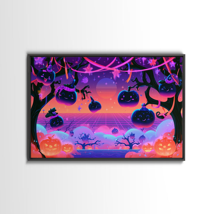 The Enchanted Apple Orchard, Vaporwave Halloween Decor, Landscape Wall Art, Canvas Print, Retro Halloween Decor, Neon Wall Art