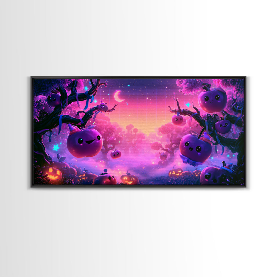 The Enchanted Apple Orchard, 80s Halloween Wall Art, Wide Panoramic Art, Canvas Print, Retro Halloween Decor, Neon Wall Art