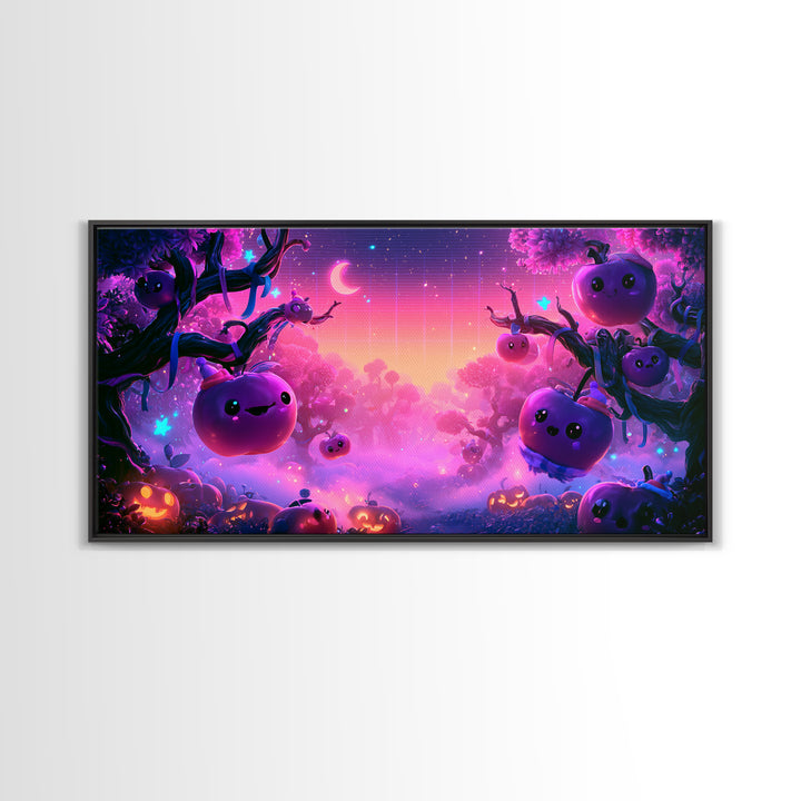 The Enchanted Apple Orchard, 80s Halloween Wall Art, Wide Panoramic Art, Canvas Print, Retro Halloween Decor, Neon Wall Art