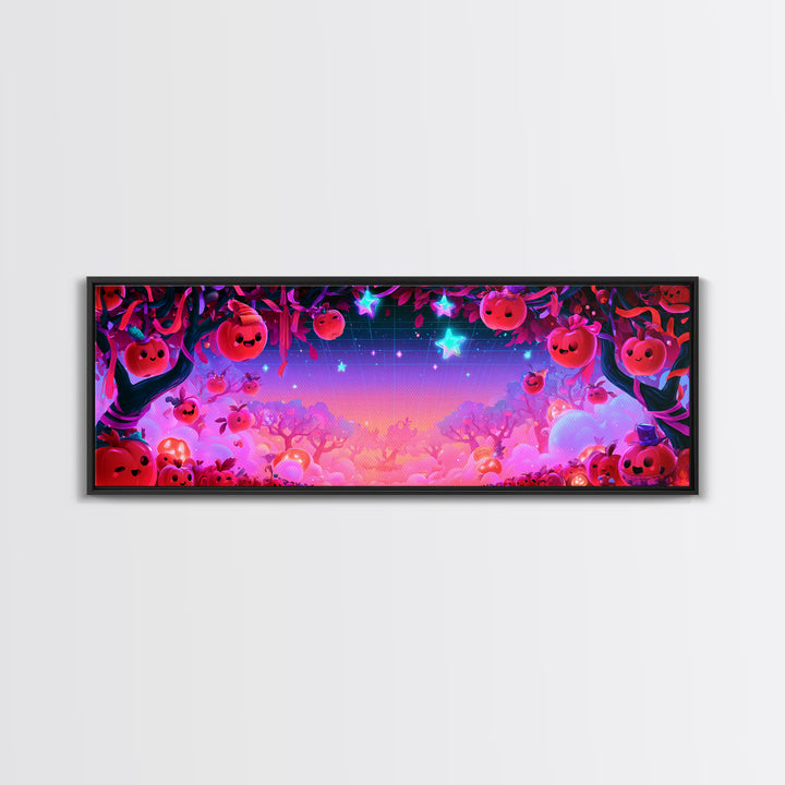 The Enchanted Apple Orchard, Retro Neon Halloween Art, Extra Wide Wall Art, Framed Canvas Print, Retro Halloween Decor, Neon Wall Art