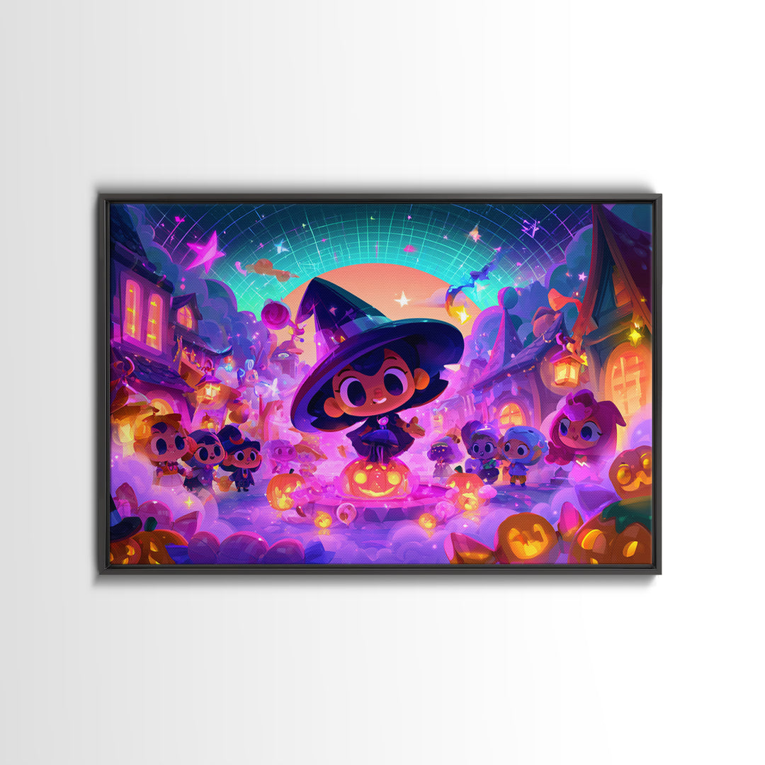 The Trick-Or-Treat Village Square, Synthwave Halloween Art, Landscape Wall Art, Framed Canvas Print, Retro Halloween Decor, Neon Wall Art