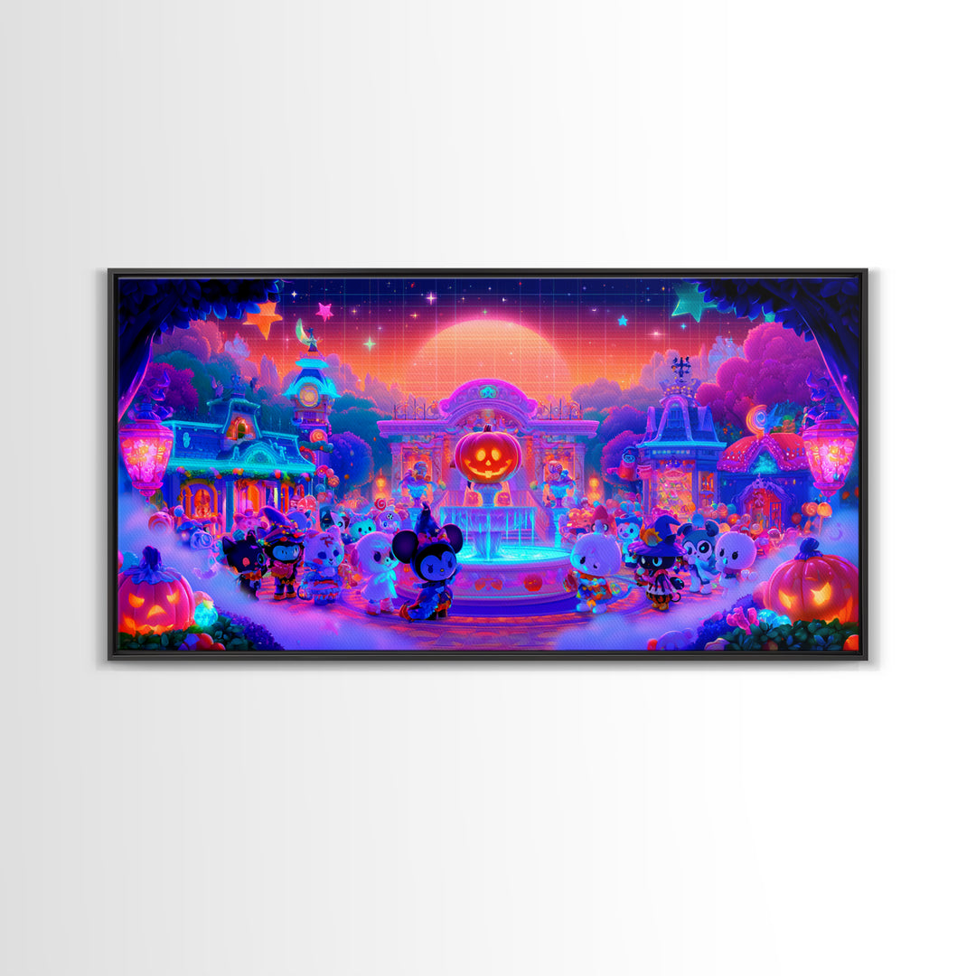 The Trick-Or-Treat Village Square, Synthwave Halloween Art, Wide Panoramic Art, Framed Canvas Print, Retro Halloween Decor, Neon Wall Art