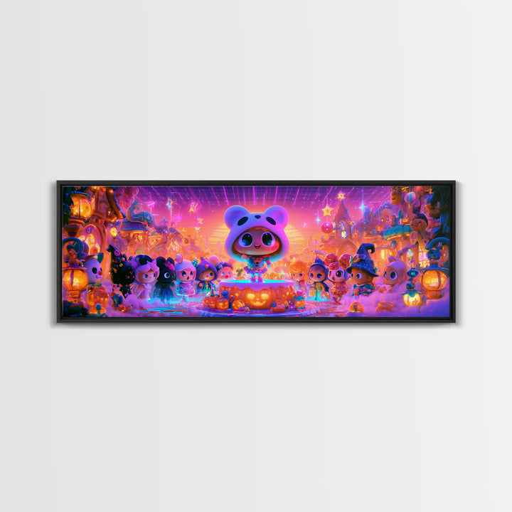 The Trick-Or-Treat Village Square, 80s Halloween Wall Art, Extra Wide Wall Art, Framed Canvas Print, Retro Halloween Decor, Neon Wall Art