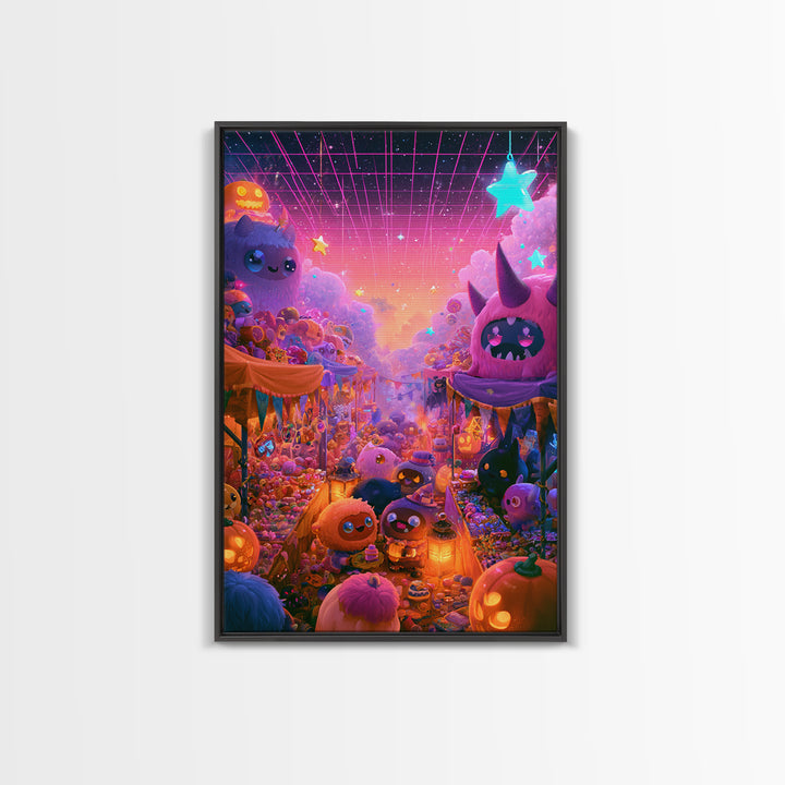 The Friendly Monster Market, Cute Spooky Neon Art, Vertical Wall Art, Framed Canvas Print, Retro Halloween Decor, Neon Wall Art