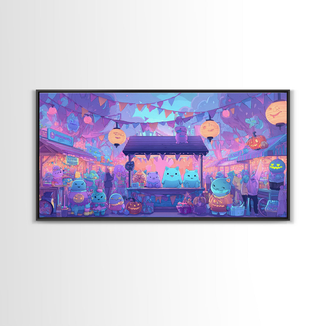 The Friendly Monster Market, 80s Halloween Wall Art, Wide Panoramic Art, Framed Canvas Print, Retro Halloween Decor, Neon Wall Art