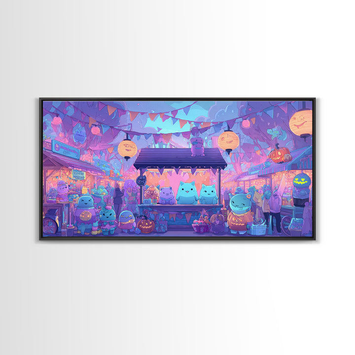The Friendly Monster Market, 80s Halloween Wall Art, Wide Panoramic Art, Framed Canvas Print, Retro Halloween Decor, Neon Wall Art