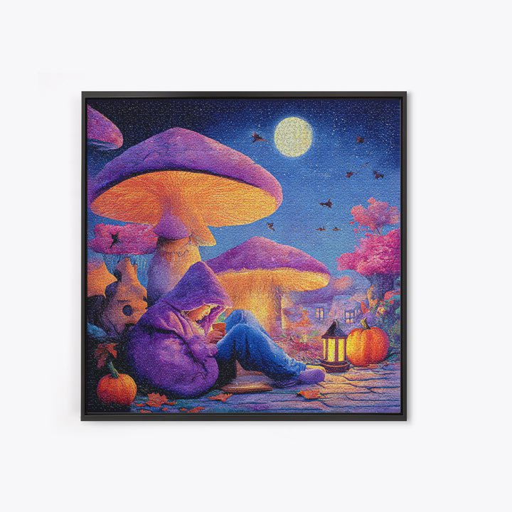 The Lantern-Lit Mushroom Village, Retro Neon Halloween Art, Square Wall Art, Framed Canvas Print, Retro Halloween Decor, Neon Wall Art