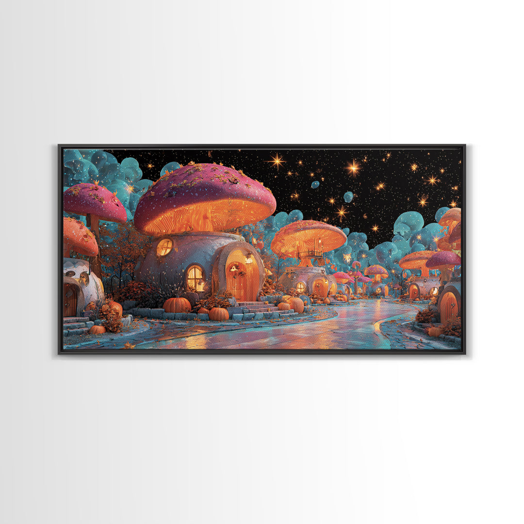 The Lantern-Lit Mushroom Village, Retro Neon Halloween Art, Wide Panoramic Art, Canvas Print, Retro Halloween Decor, Neon Wall Art