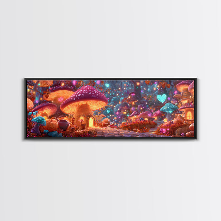 The Lantern-Lit Mushroom Village, 80s Halloween Wall Art, Extra Wide Wall Art, Framed Canvas Print, Retro Halloween Decor, Neon Wall Art