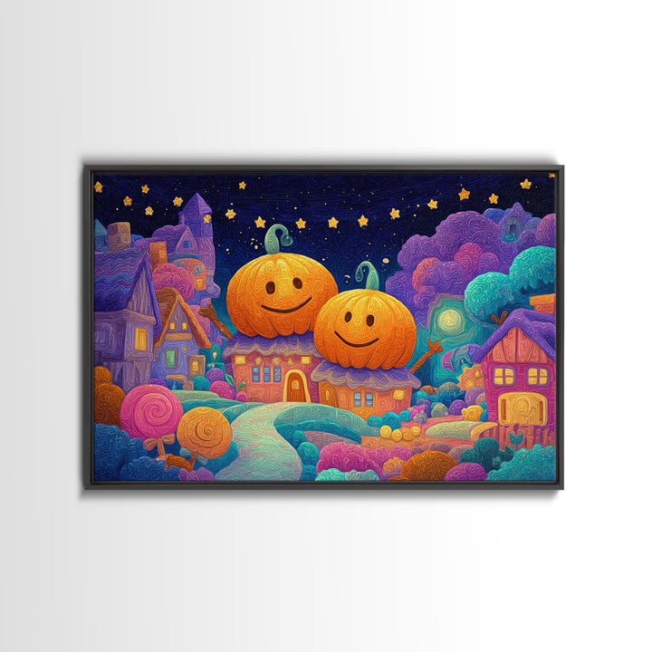 The Starry Pumpkin Farm, Retro Neon Halloween Art, Landscape Wall Art, Canvas Print, Retro Halloween Decor, Neon Wall Art