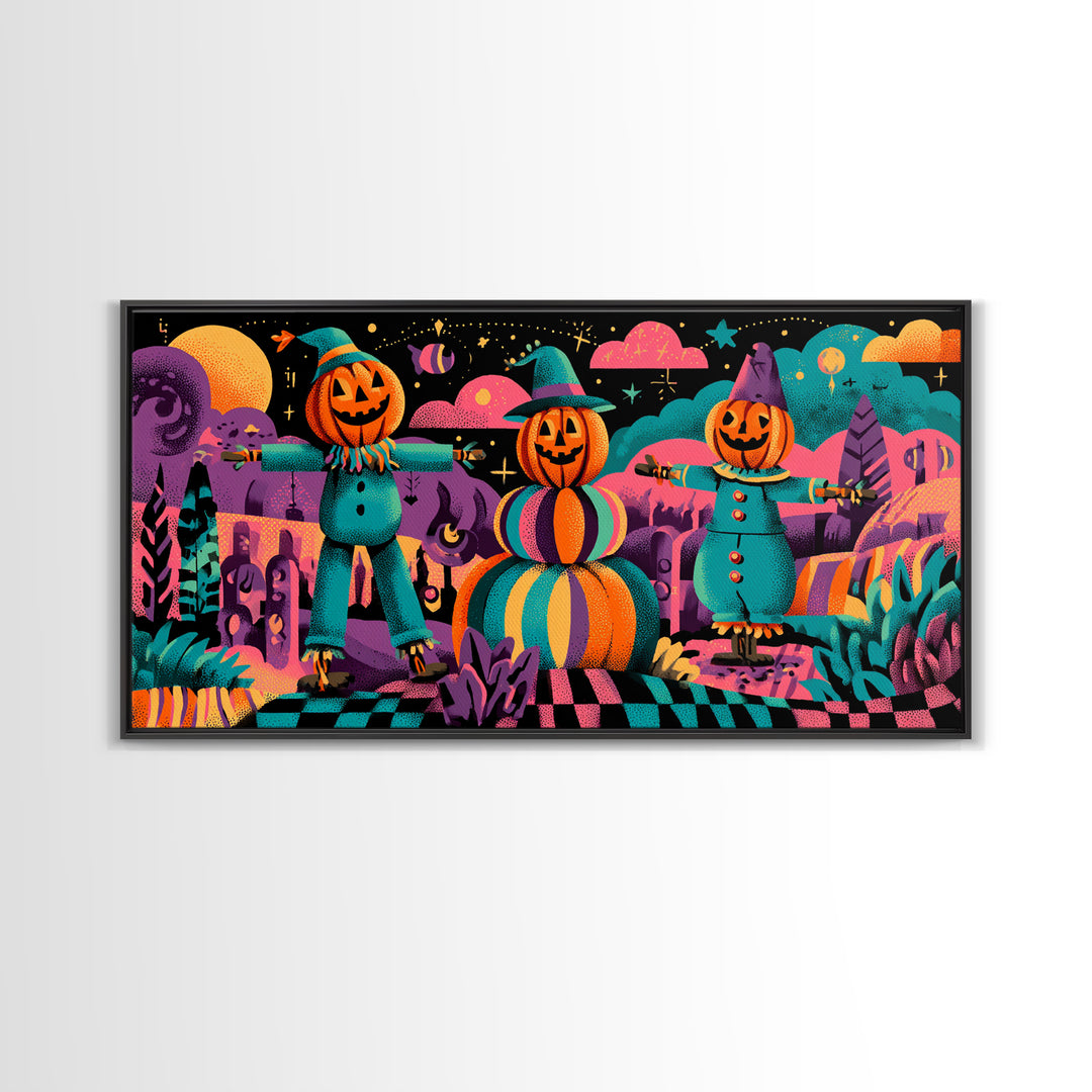 The Starry Pumpkin Farm, 80s Halloween Wall Art, Wide Panoramic Art, Canvas Print, Retro Halloween Decor, Neon Wall Art, Horror Wall Art