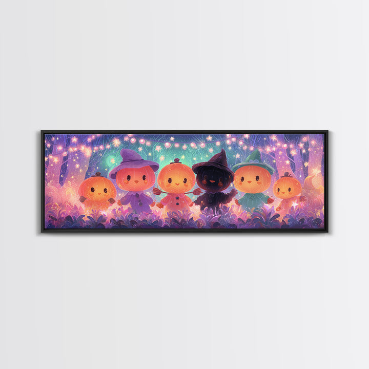 The Starry Pumpkin Farm, Vaporwave Halloween Decor, Extra Wide Wall Art, Framed Canvas Print, Retro Halloween Decor, Neon Wall Art