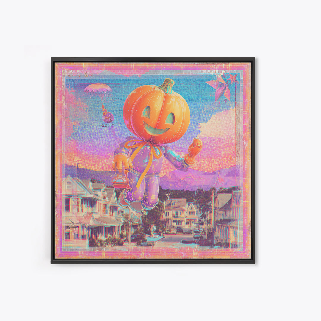 The Pumpkin Balloon Parade, Cute Spooky Neon Art, Square Wall Art, Canvas Print, Retro Halloween Decor, Neon Wall Art, Statement Wall Art