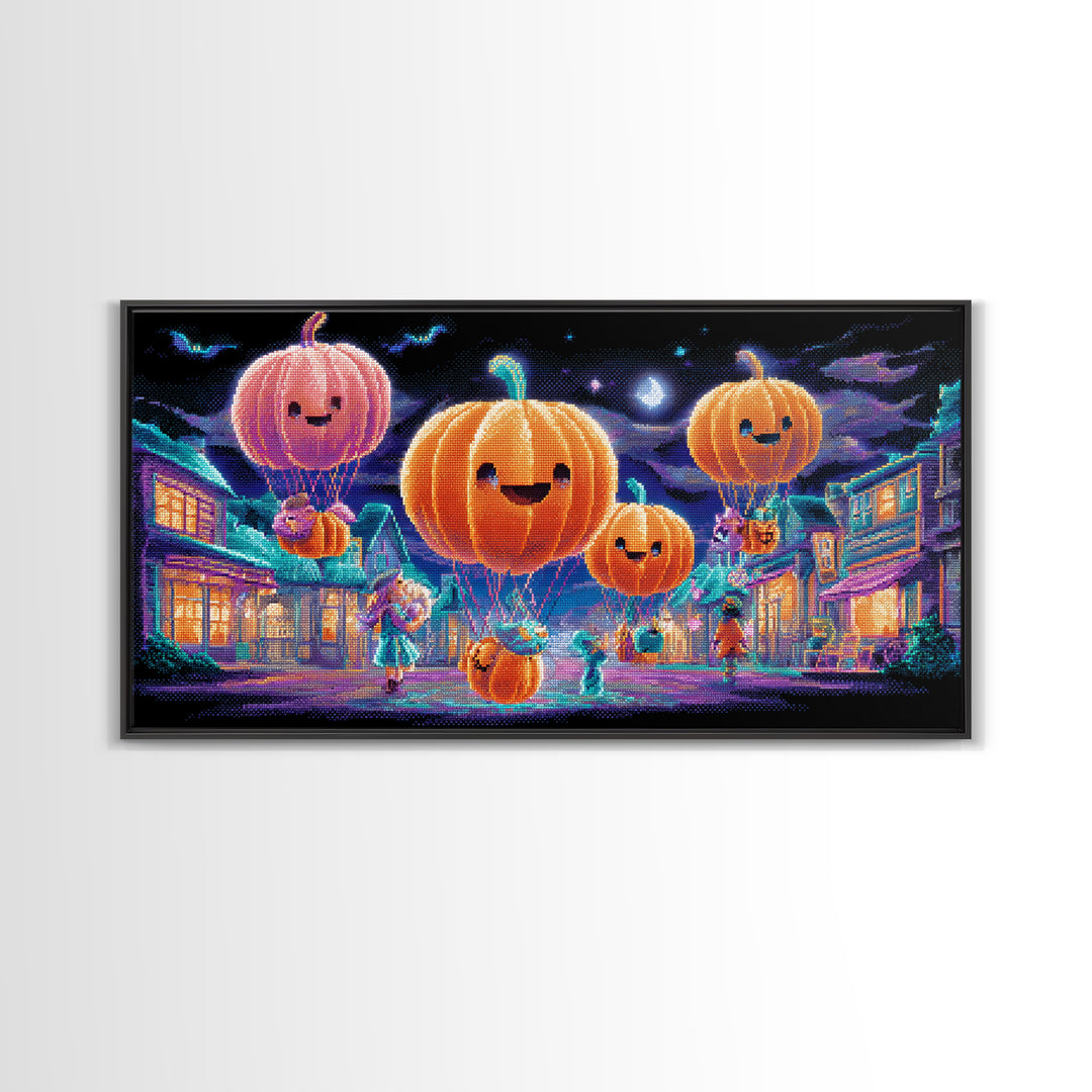 The Pumpkin Balloon Parade, 80s Halloween Wall Art, Wide Panoramic Art, Canvas Print, Retro Halloween Decor, Neon Wall Art