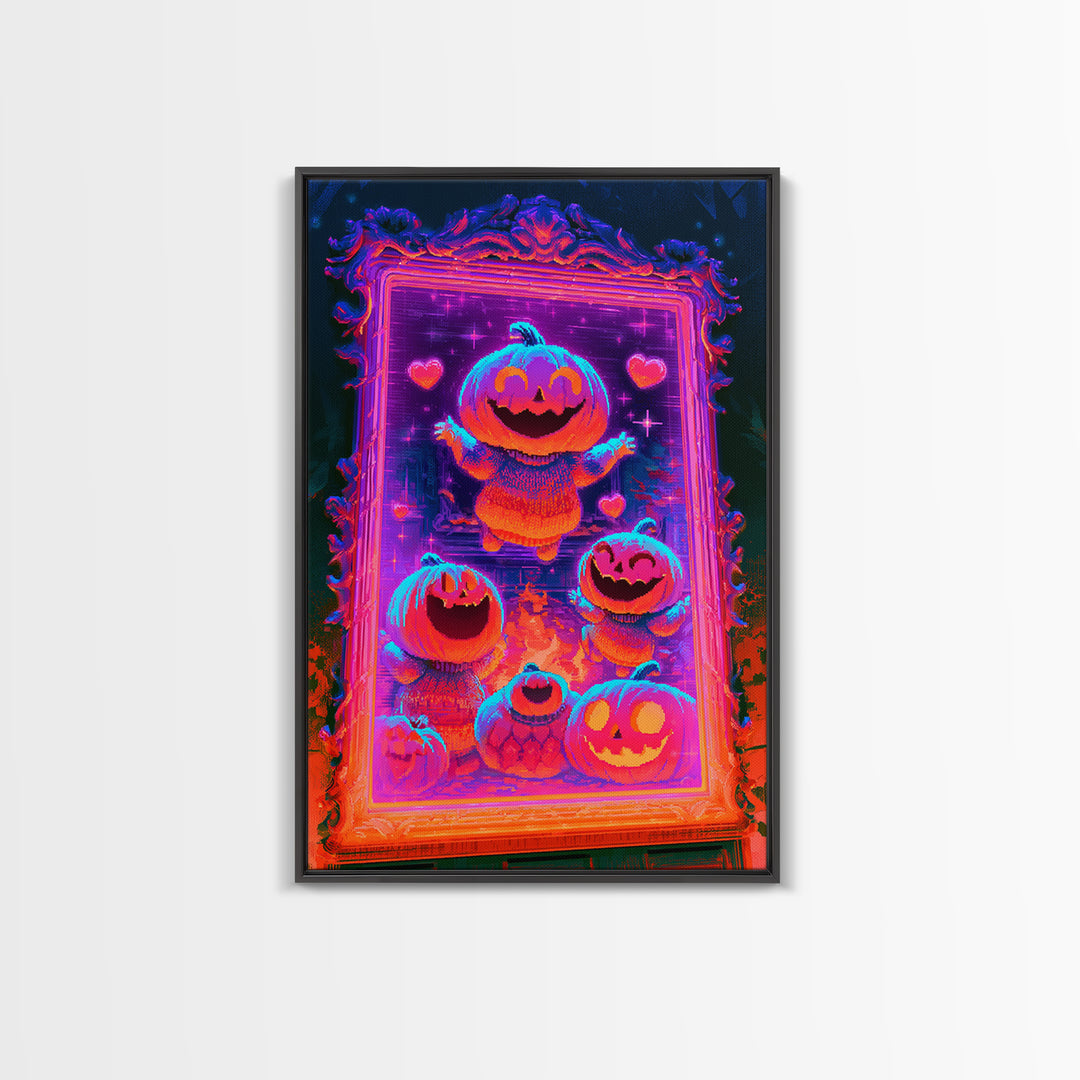 The Pumpkin Family Portrait, Synthwave Halloween Art, Vertical Wall Art, Framed Canvas Print, Retro Halloween Decor, Neon Wall Art