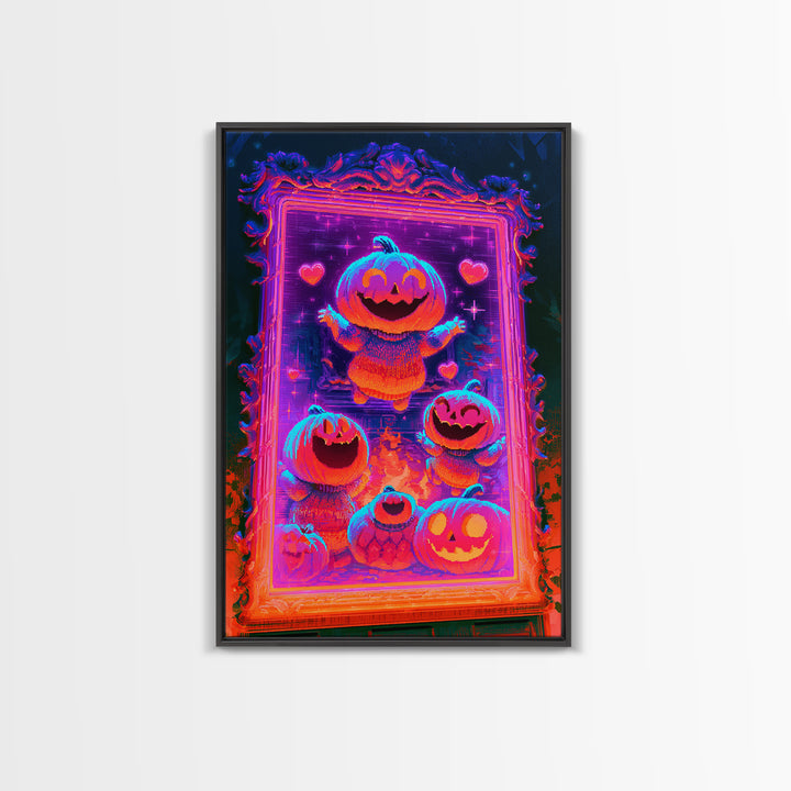 The Pumpkin Family Portrait, Synthwave Halloween Art, Vertical Wall Art, Framed Canvas Print, Retro Halloween Decor, Neon Wall Art