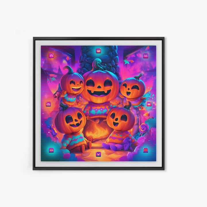 The Pumpkin Family Portrait, 80s Halloween Wall Art, Square Wall Art, Framed Canvas Print, Retro Halloween Decor, Neon Wall Art