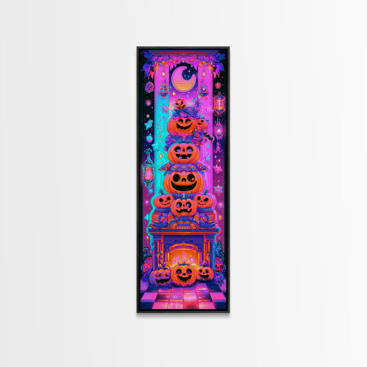 The Pumpkin Family Portrait, Retro Neon Halloween Art, Tall Narrow Wall Art, Canvas Print, Retro Halloween Decor, Neon Wall Art