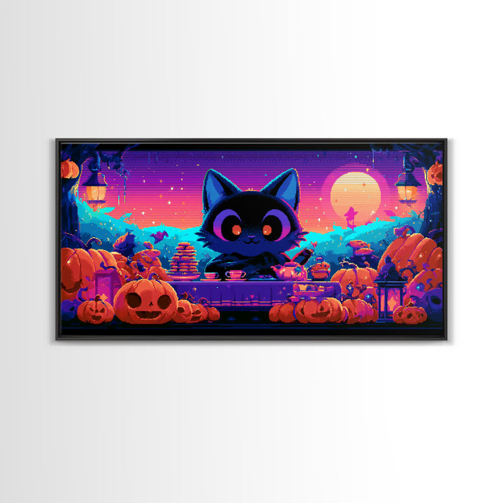 The Pumpkin Tea Party, 80s Halloween Wall Art, Wide Panoramic Art, Canvas Print, Retro Halloween Decor, Neon Wall Art