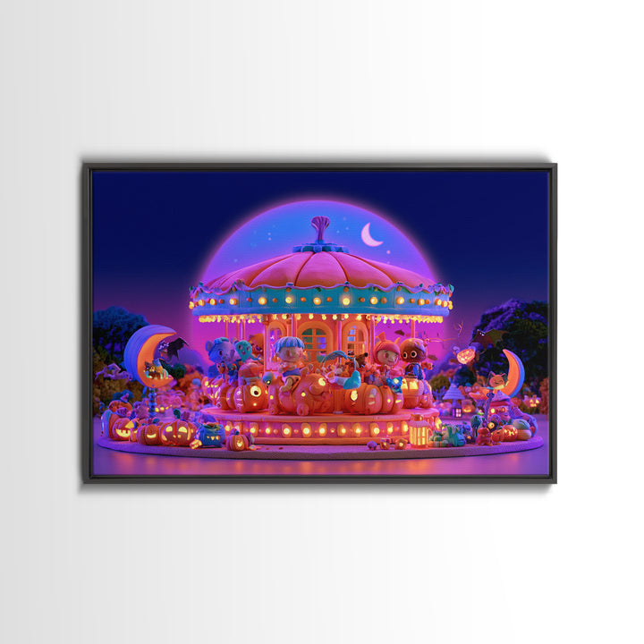 The Pumpkin Carousel, Retro Neon Halloween Art, Landscape Wall Art, Framed Canvas Print, Retro Halloween Decor, Neon Wall Art