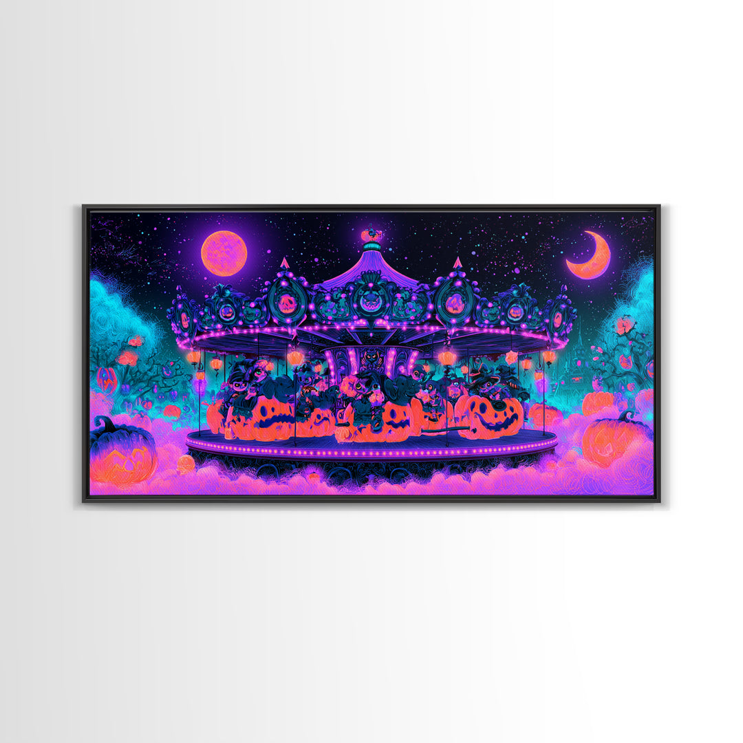 The Pumpkin Carousel, Synthwave Halloween Art, Wide Panoramic Art, Canvas Print, Retro Halloween Decor, Neon Wall Art, Statement Wall Art