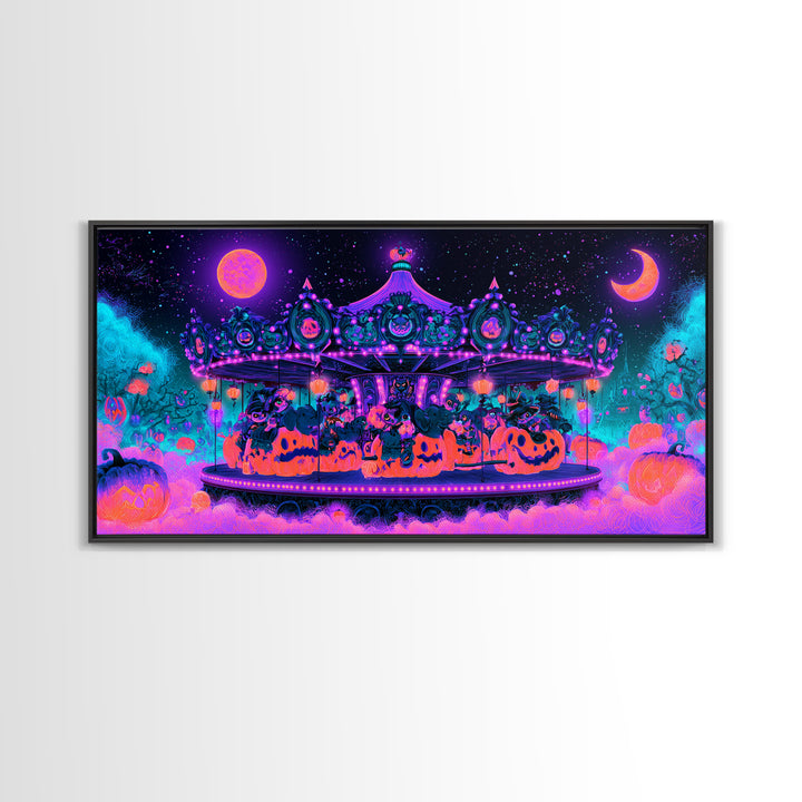 The Pumpkin Carousel, Synthwave Halloween Art, Wide Panoramic Art, Canvas Print, Retro Halloween Decor, Neon Wall Art, Statement Wall Art