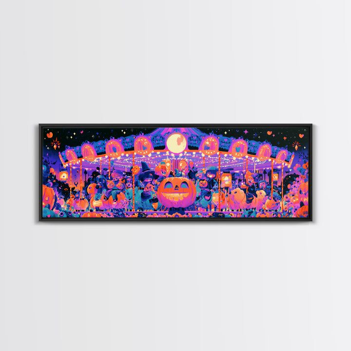 The Pumpkin Carousel, Synthwave Halloween Art, Extra Wide Wall Art, Framed Canvas Print, Retro Halloween Decor, Neon Wall Art
