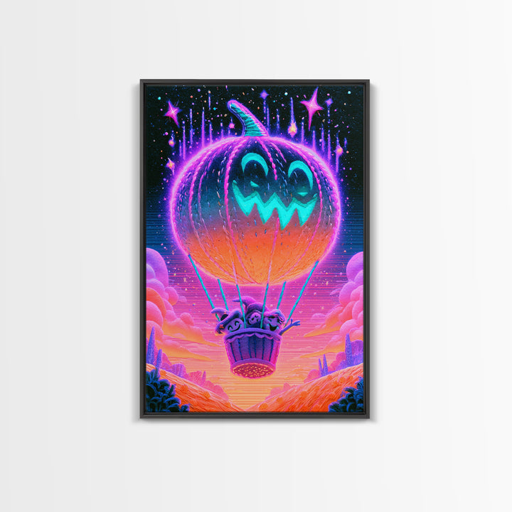 The Pumpkin Hot-Air Balloon, Cute Spooky Neon Art, Vertical Wall Art, Framed Canvas Print, Retro Halloween Decor, Neon Wall Art