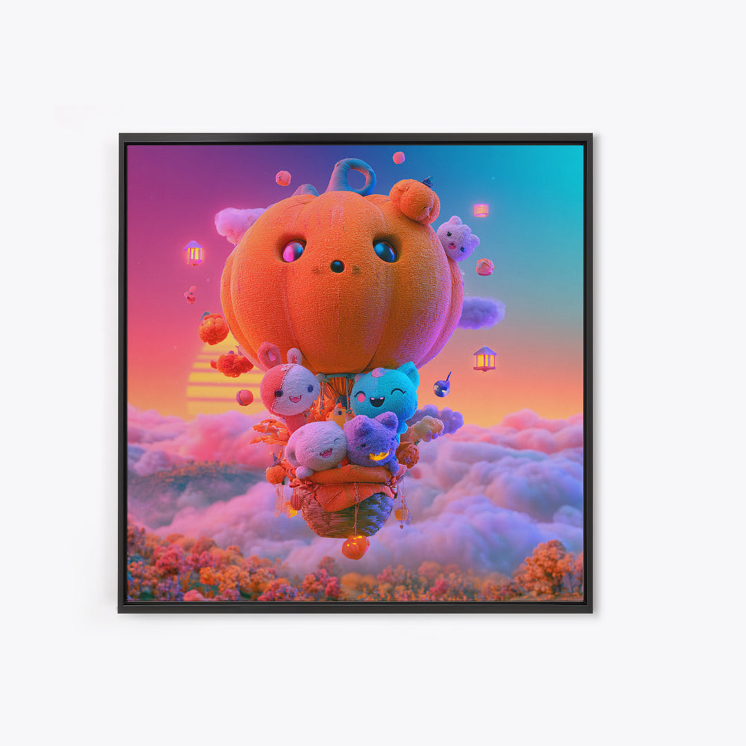 The Pumpkin Hot-Air Balloon, Cute Spooky Neon Art, Square Wall Art, Canvas Print, Retro Halloween Decor, Neon Wall Art, Dark Fantasy Art