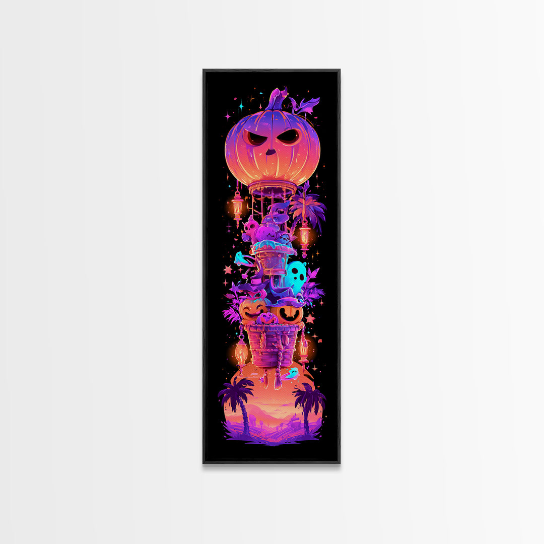 The Pumpkin Hot-Air Balloon, Synthwave Halloween Art, Tall Narrow Wall Art, Framed Canvas Print, Retro Halloween Decor, Neon Wall Art