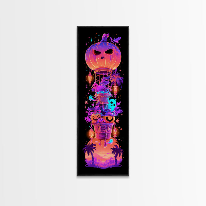 The Pumpkin Hot-Air Balloon, Synthwave Halloween Art, Tall Narrow Wall Art, Framed Canvas Print, Retro Halloween Decor, Neon Wall Art
