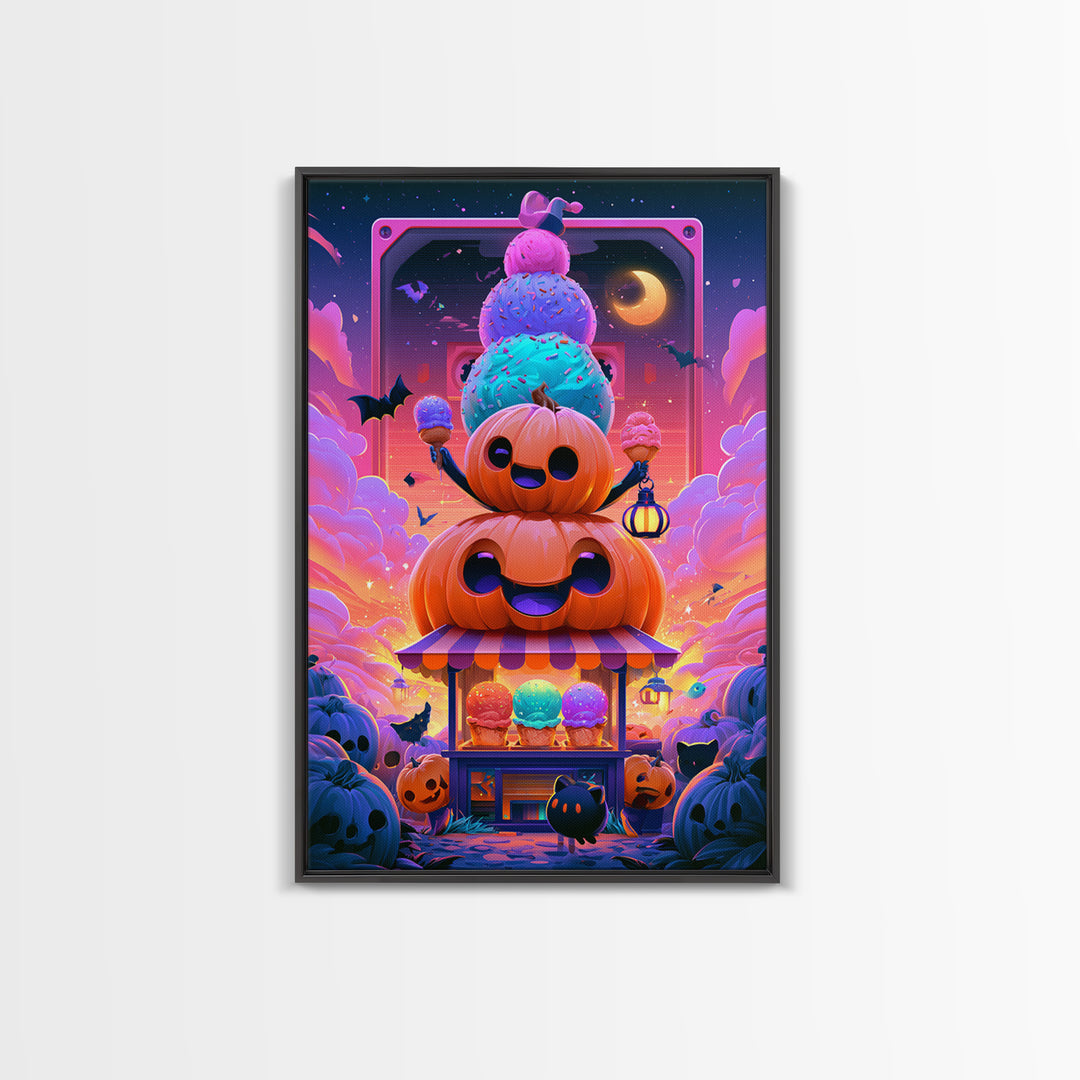 The Pumpkin Ice-Cream Stand, Synthwave Halloween Art, Vertical Wall Art, Canvas Print, Retro Halloween Decor, Neon Wall Art