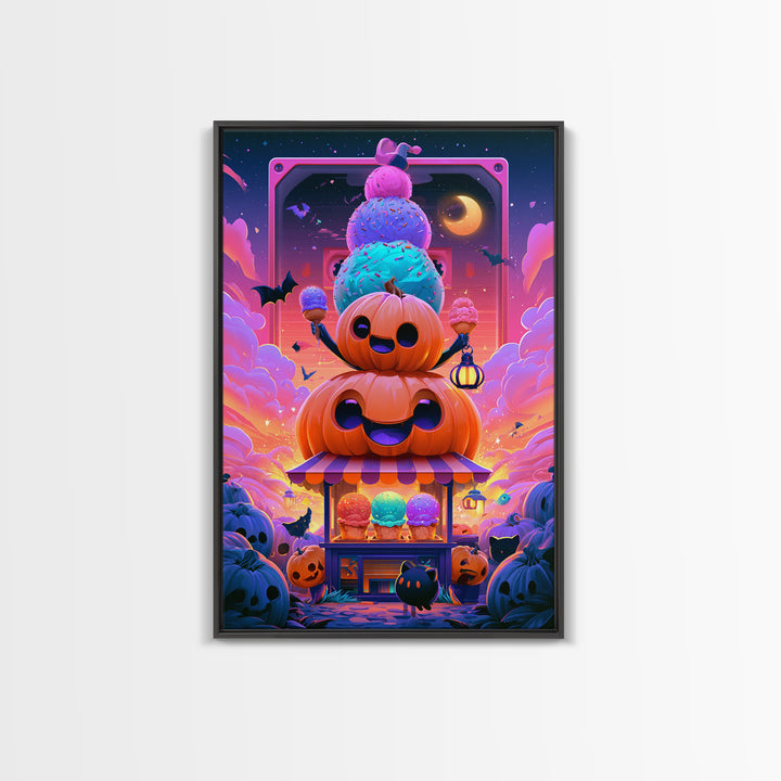 The Pumpkin Ice-Cream Stand, Synthwave Halloween Art, Vertical Wall Art, Canvas Print, Retro Halloween Decor, Neon Wall Art