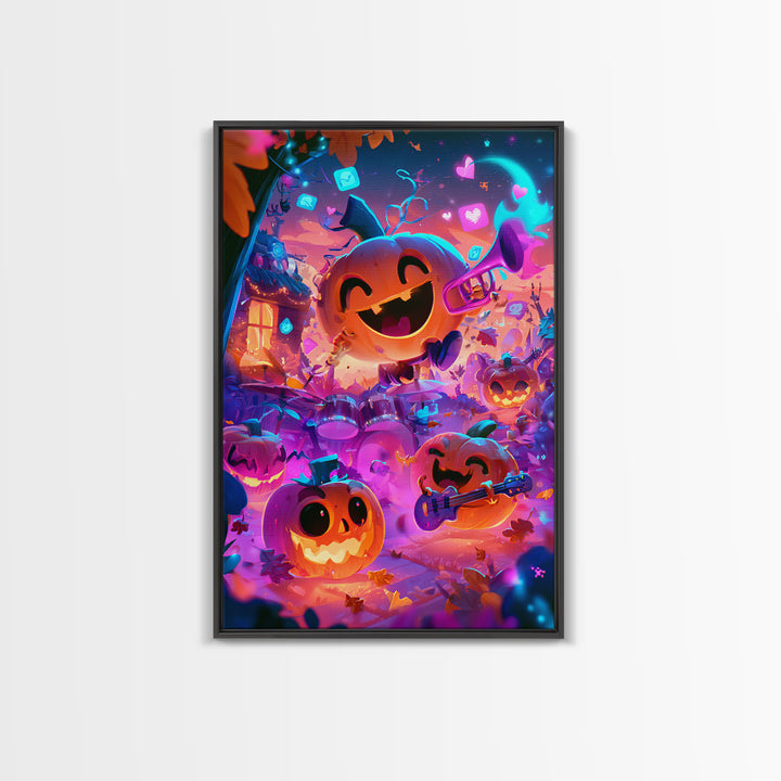 The Pumpkin Music Band, Cute Spooky Neon Art, Vertical Wall Art, Canvas Print, Retro Halloween Decor, Neon Wall Art, Halloween Wall Art