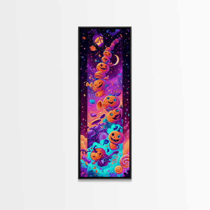 The Pumpkin Music Band, 80s Halloween Wall Art, Tall Narrow Wall Art, Canvas Print, Retro Halloween Decor, Neon Wall Art, Spooky Wall Decor