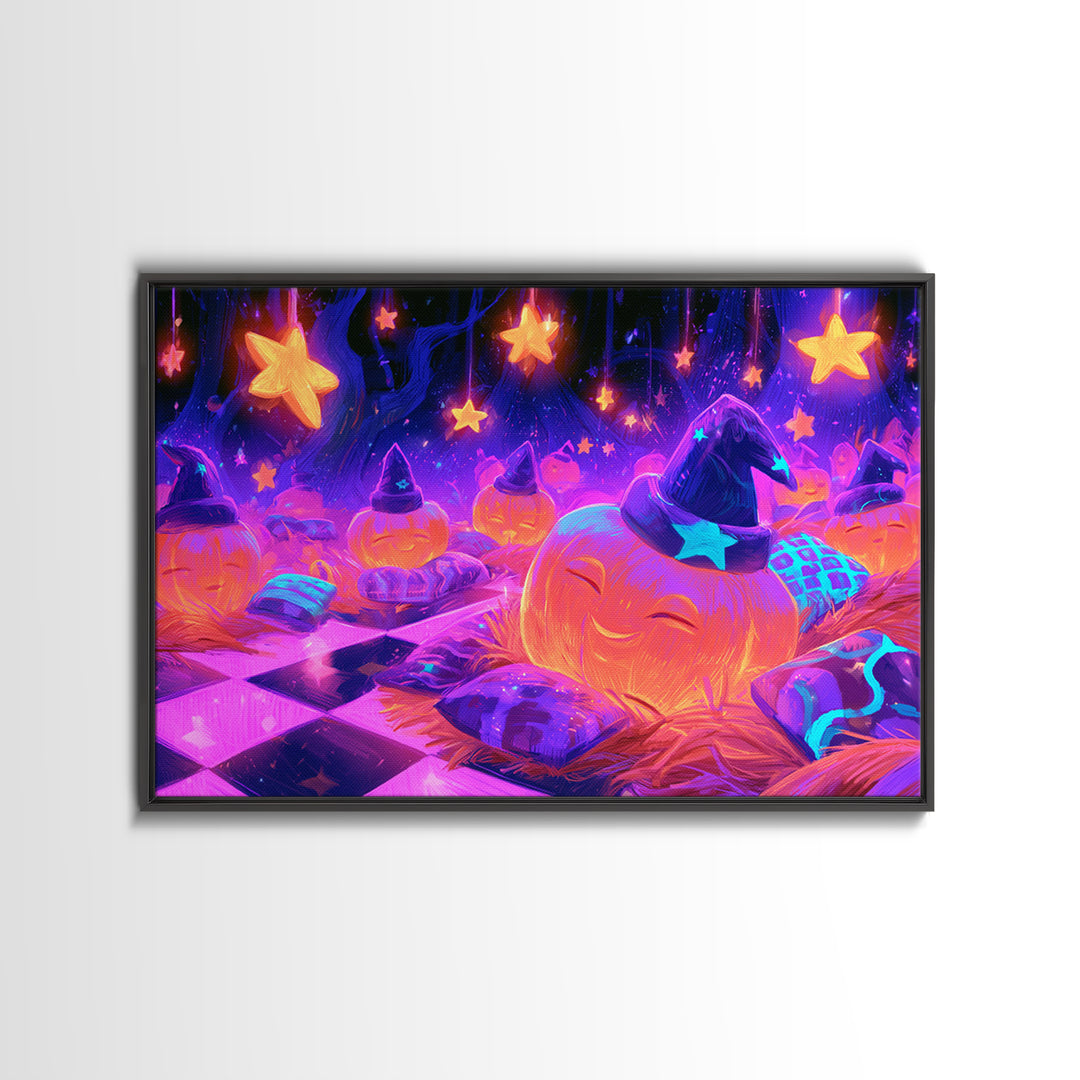 The Pumpkin Pajama Party, 80s Halloween Wall Art, Landscape Wall Art, Framed Canvas Print, Retro Halloween Decor, Neon Wall Art