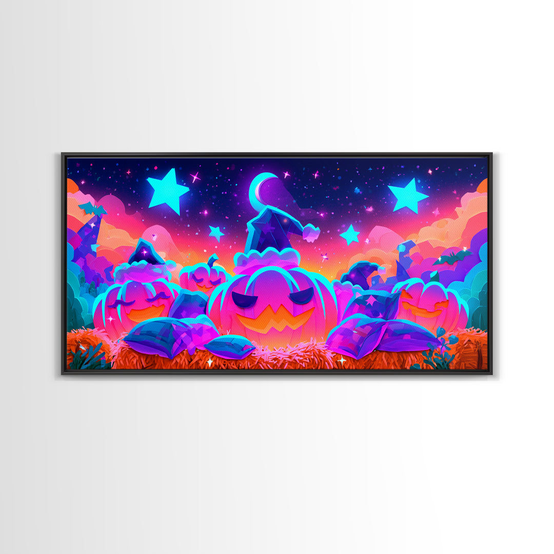 The Pumpkin Pajama Party, Synthwave Halloween Art, Wide Panoramic Art, Framed Canvas Print, Retro Halloween Decor, Neon Wall Art