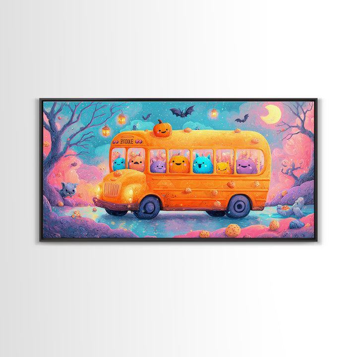The Pumpkin School Bus, 80s Halloween Wall Art, Wide Panoramic Art, Canvas Print, Retro Halloween Decor, Neon Wall Art, Statement Wall Art