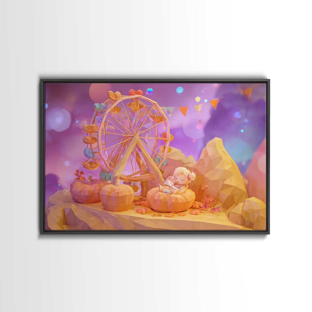 The Pumpkin Ferris Wheel, 80s Halloween Wall Art, Landscape Wall Art, Canvas Print, Retro Halloween Decor, Neon Wall Art, Dark Fantasy Art
