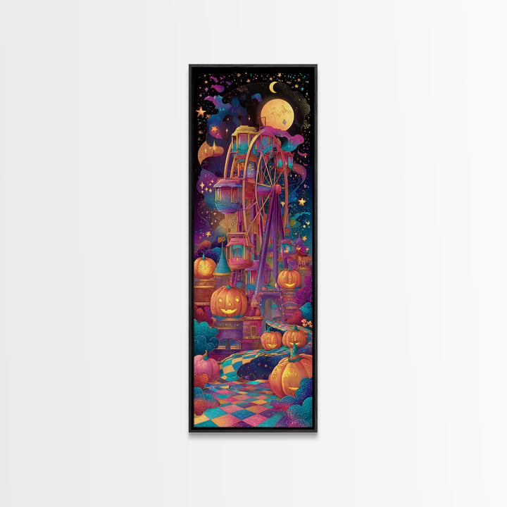 The Pumpkin Ferris Wheel, Retro Neon Halloween Art, Tall Narrow Wall Art, Framed Canvas Print, Retro Halloween Decor, Neon Wall Art