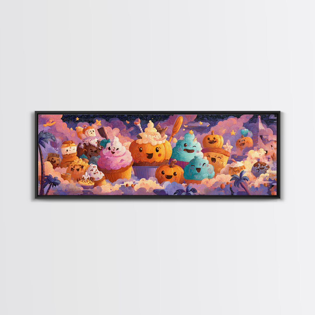 The Pumpkin Bakery, Cute Spooky Neon Art, Extra Wide Wall Art, Framed Canvas Print, Retro Halloween Decor, Neon Wall Art, Macabre Wall Art