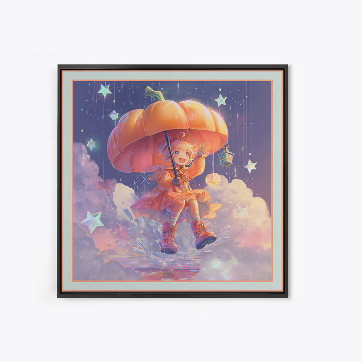 The Pumpkin Umbrella, Synthwave Halloween Art, Square Wall Art, Framed Canvas Print, Retro Halloween Decor, Neon Wall Art, Gothic Home Decor