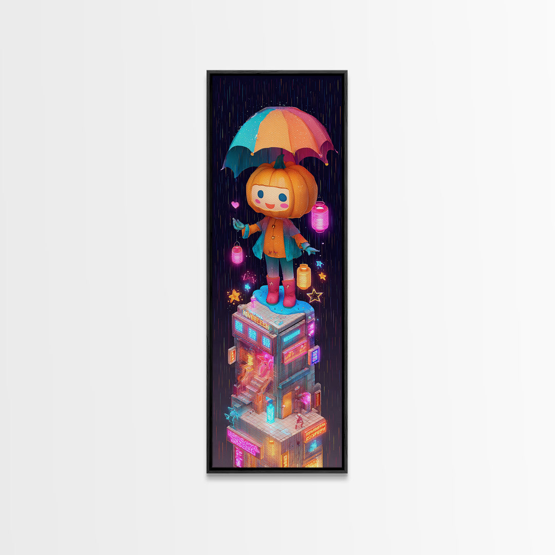 The Pumpkin Umbrella, Vaporwave Halloween Decor, Tall Narrow Wall Art, Framed Canvas Print, Retro Halloween Decor, Neon Wall Art