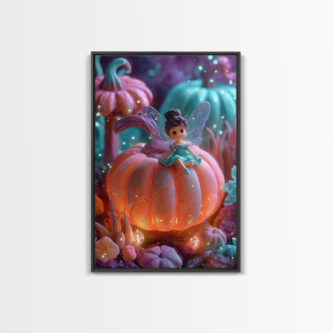 The Pumpkin Fairy Garden, 80s Halloween Wall Art, Vertical Wall Art, Canvas Print, Retro Halloween Decor, Neon Wall Art