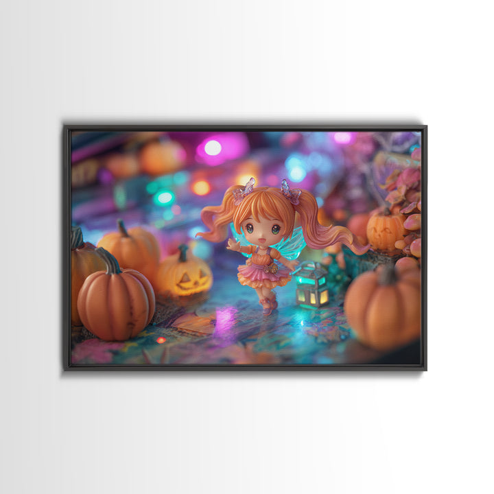 The Pumpkin Fairy Garden, Retro Neon Halloween Art, Landscape Wall Art, Canvas Print, Retro Halloween Decor, Neon Wall Art