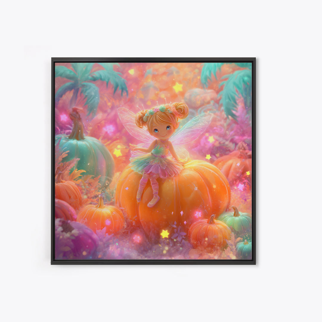 The Pumpkin Fairy Garden, Cute Spooky Neon Art, Square Wall Art, Framed Canvas Print, Retro Halloween Decor, Neon Wall Art