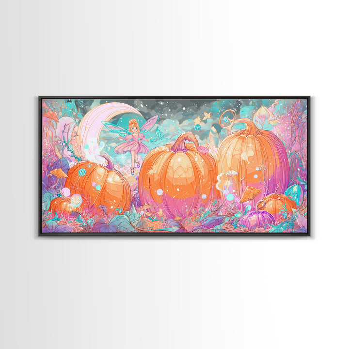 The Pumpkin Fairy Garden, Vaporwave Halloween Decor, Wide Panoramic Art, Canvas Print, Retro Halloween Decor, Neon Wall Art